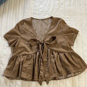 SHEIN Brown and Gold Tie Front Peplum Blouse